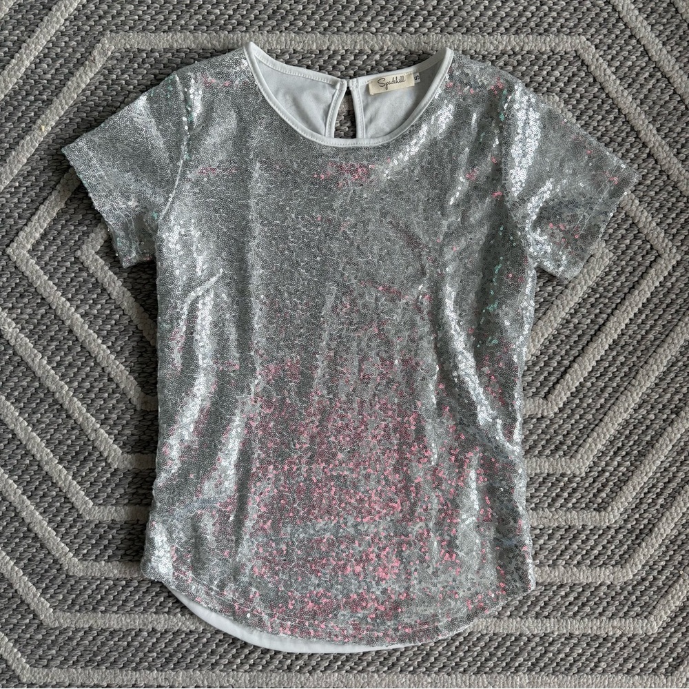 Silver Sequin Short Sleeve Top Size S